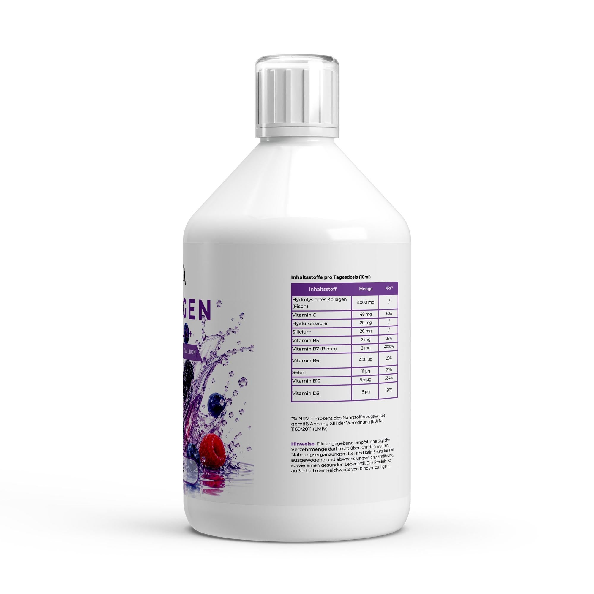 Bivalta Kollagen Marine Plus+ Shots in violettem Premium-Design mit Wildbeerenmotiv. Flüssige Marine-Kollagen Formel mit Fischkollagen Typ 1 und 3, Hyaluronsäure und Biotin.