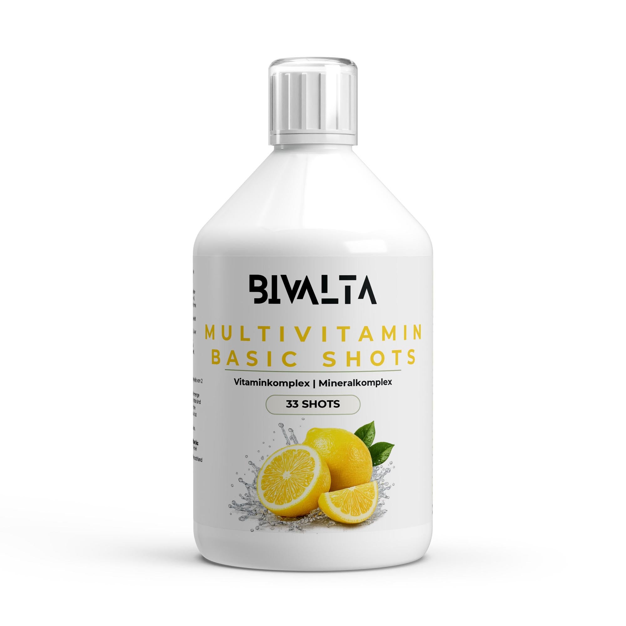 Bivalta Multivitamin Basic Shots Plus+ in gelber Premium-Verpackung mit Zitronenmotiv. Flüssiges Multivitamin Nahrungsergänzungsmittel mit Vitaminen, Mineralstoffen und 33 Shots.