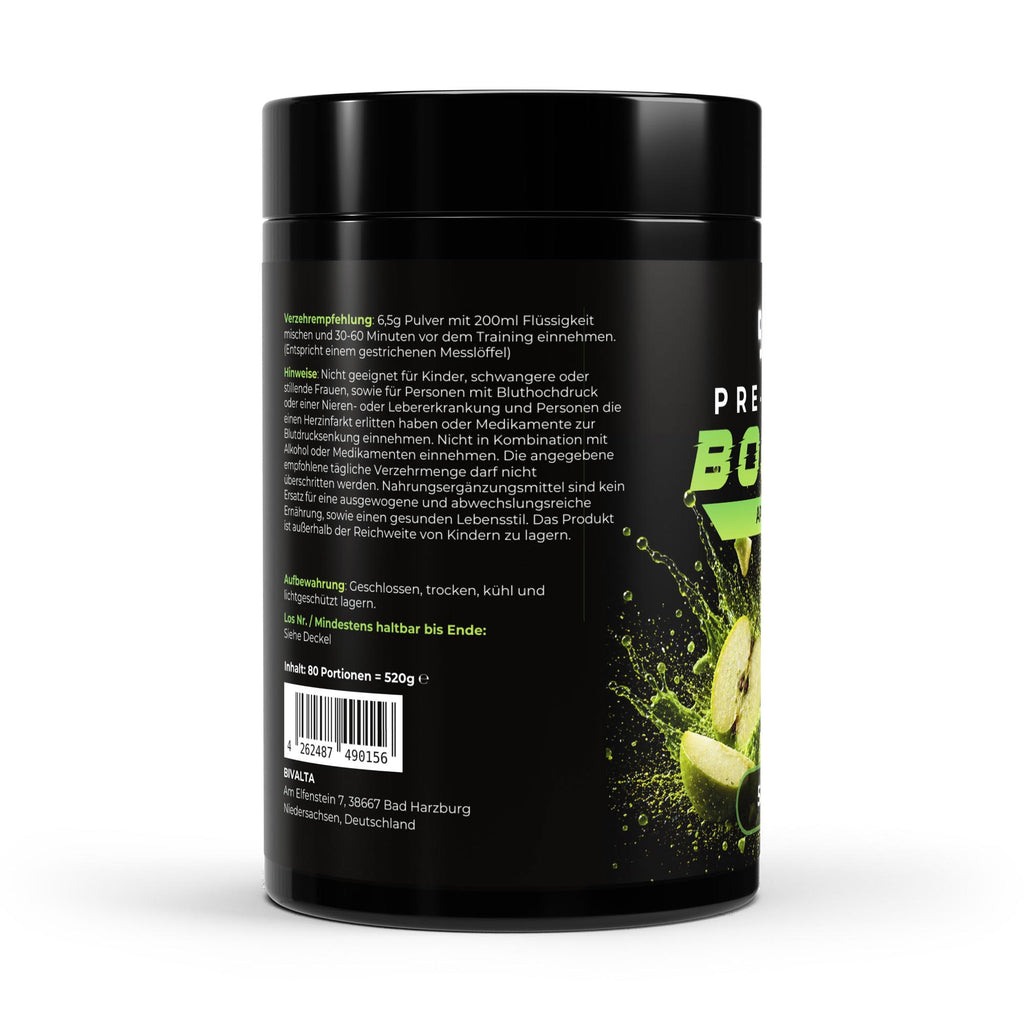 Bivalta Pre-Workout Booster Pulver mit Apfelgeschmack in schwarzer Premium-Verpackung mit Apfelmotiv. Trainingsbooster mit Kreatin, Beta-Alanin und Koffein, 80 Portionen.