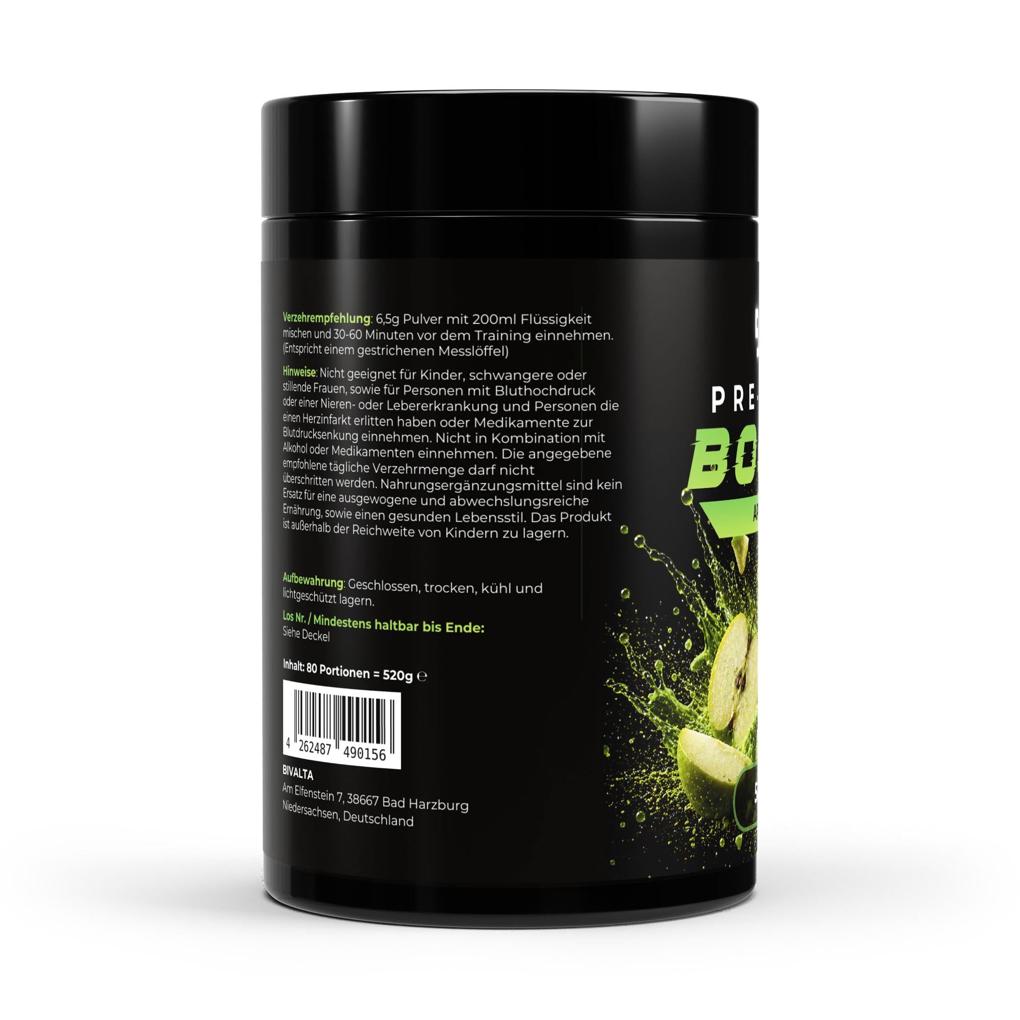 Bivalta Pre-Workout Booster Pulver mit Apfelgeschmack in schwarzer Premium-Verpackung mit Apfelmotiv. Trainingsbooster mit Kreatin, Beta-Alanin und Koffein, 80 Portionen.