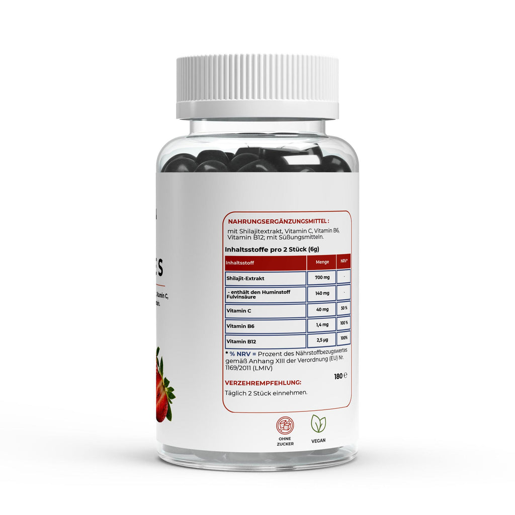 Bivalta Shilajit Gummies in modernem Premium-Design mit Erdbeer- und Shilajit-Motiv. Vegane Gummies mit Shilajit-Extrakt, Vitamin C, Vitamin B6 und Vitamin B12 ohne Zucker.