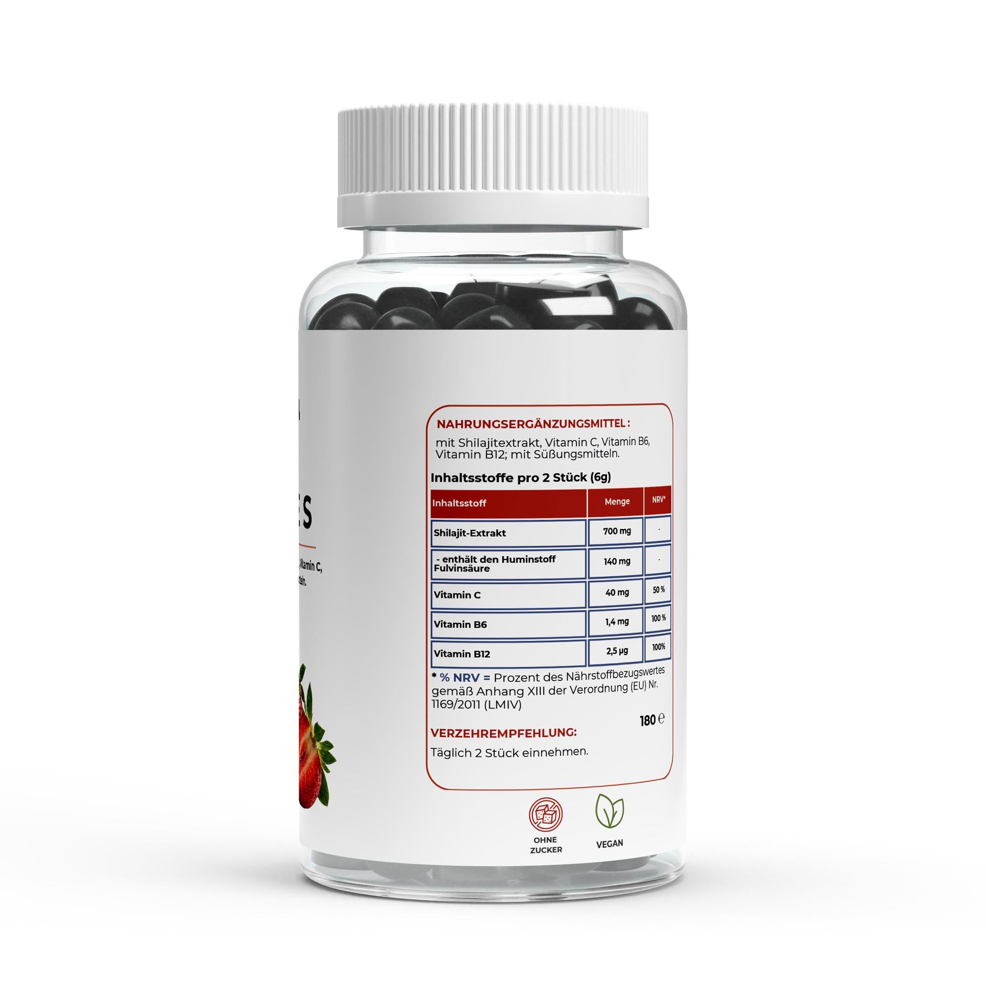 Bivalta Shilajit Gummies in modernem Premium-Design mit Erdbeer- und Shilajit-Motiv. Vegane Gummies mit Shilajit-Extrakt, Vitamin C, Vitamin B6 und Vitamin B12 ohne Zucker.