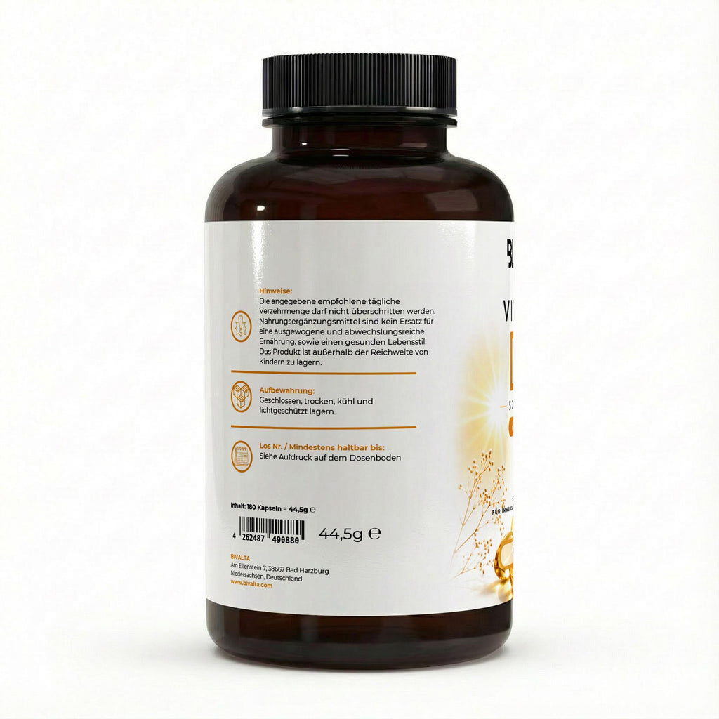 Bivalta Vitamin D3 4.000 I.E. Softgels in weiß-goldenem Premium-Design mit Sonnenmotiv. Hochdosierte Vitamin D3 Softgel Kapseln für Immunsystem und Knochengesundheit.