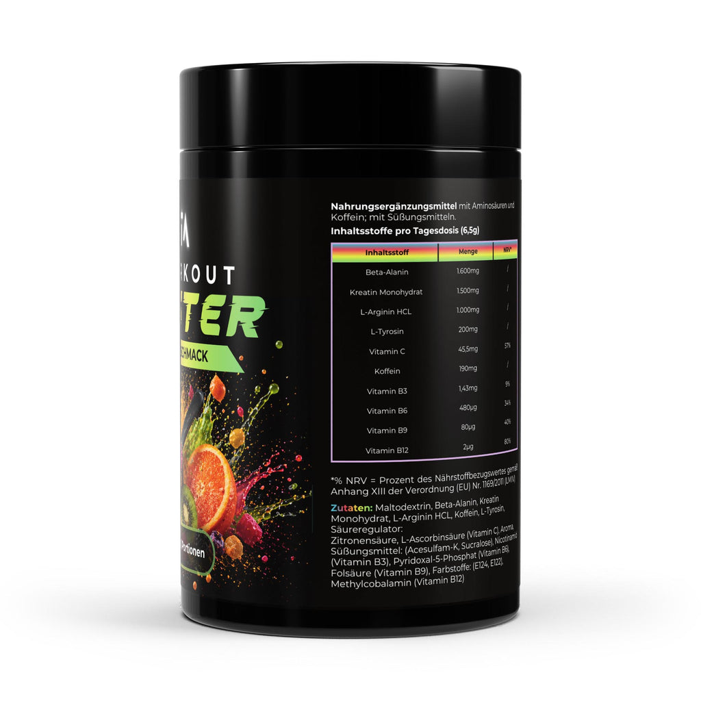Bivalta Pre-Workout Booster Pulver mit Tutti Frutti Geschmack in schwarzer Premium-Verpackung mit Fruchtmotiv. Trainingsbooster mit Kreatin, Beta-Alanin und Koffein, 80 Portionen.