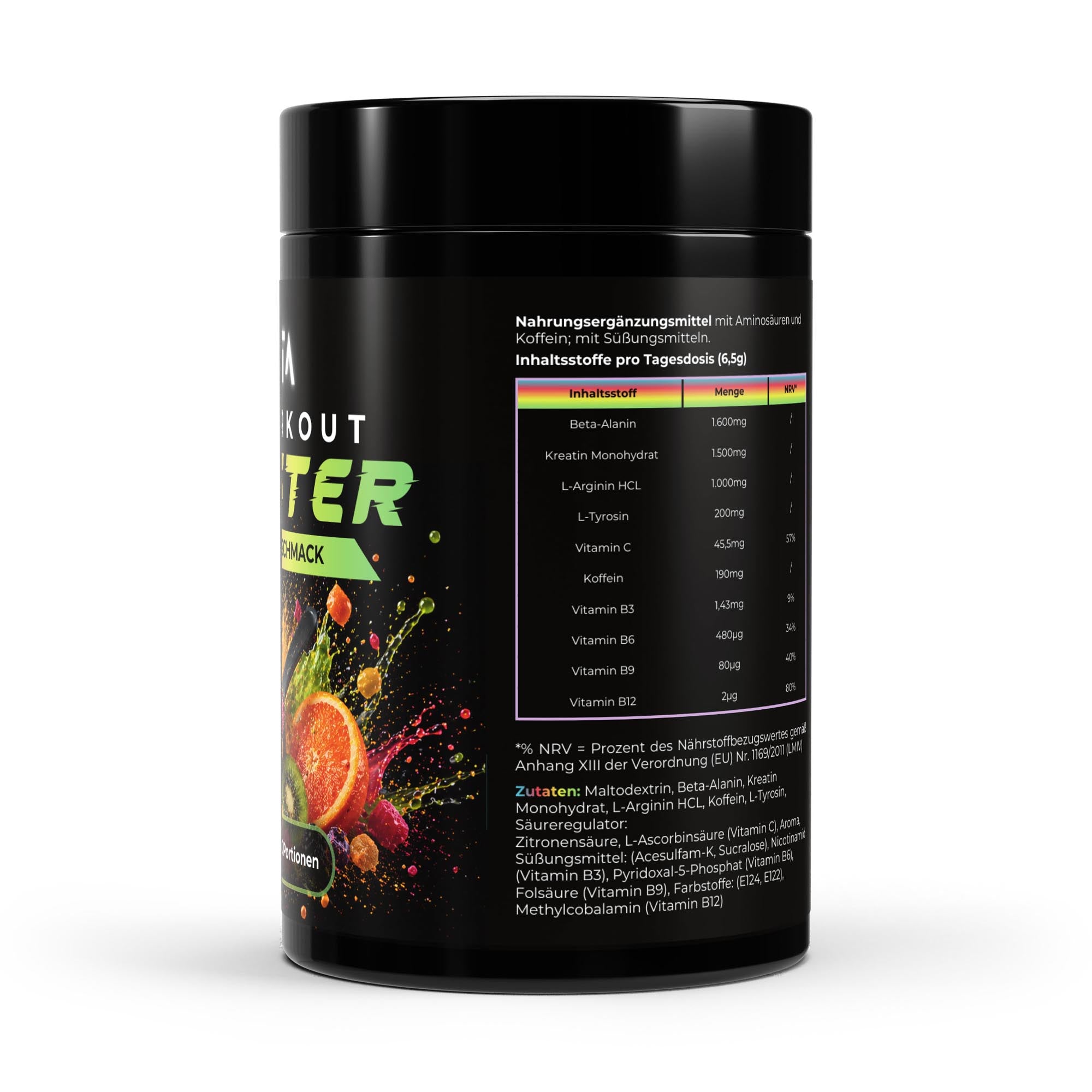 Bivalta Pre-Workout Booster Pulver mit Tutti Frutti Geschmack in schwarzer Premium-Verpackung mit Fruchtmotiv. Trainingsbooster mit Kreatin, Beta-Alanin und Koffein, 80 Portionen.