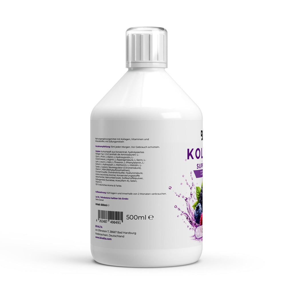 Bivalta Kollagen Support PLUS+ Shots in violettem Premium-Design mit Wildbeerenmotiv. Flüssige Kollagen Formel mit Kollagen Typ 1, 2 & 3, Hyaluronsäure und MSM.