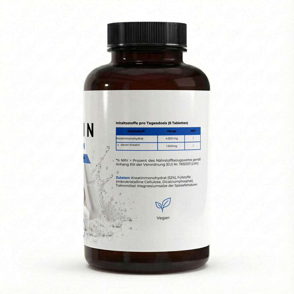 Bivalta Kreatin Monohydrat Tabletten in modernem weiß-blauem Premium-Design mit Kreatin-Pulvermotiv. Vegane Kreatin Tabletten mit 4.500 mg Kreatinmonohydrat pro Tagesdosis.