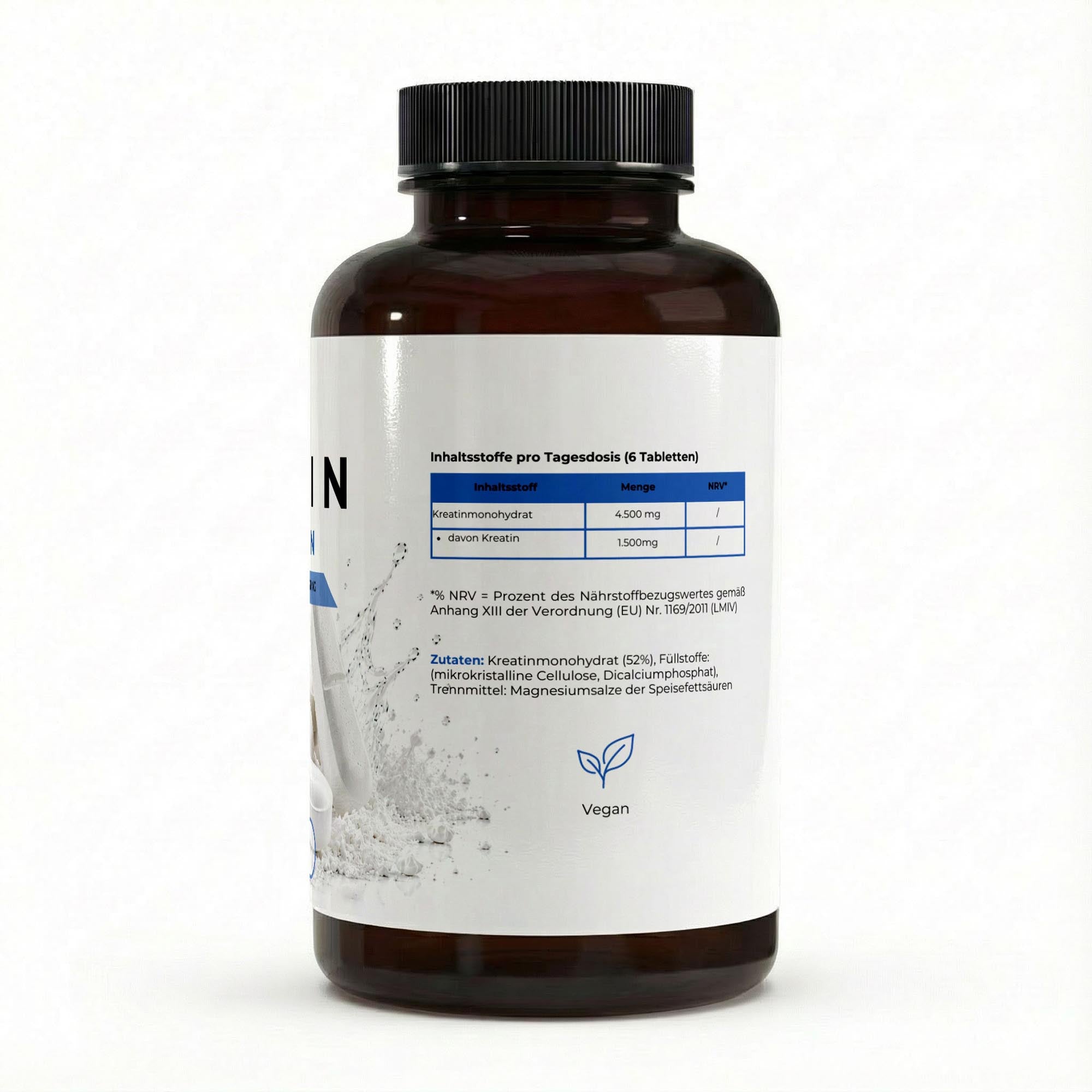 Bivalta Kreatin Monohydrat Tabletten in modernem weiß-blauem Premium-Design mit Kreatin-Pulvermotiv. Vegane Kreatin Tabletten mit 4.500 mg Kreatinmonohydrat pro Tagesdosis.