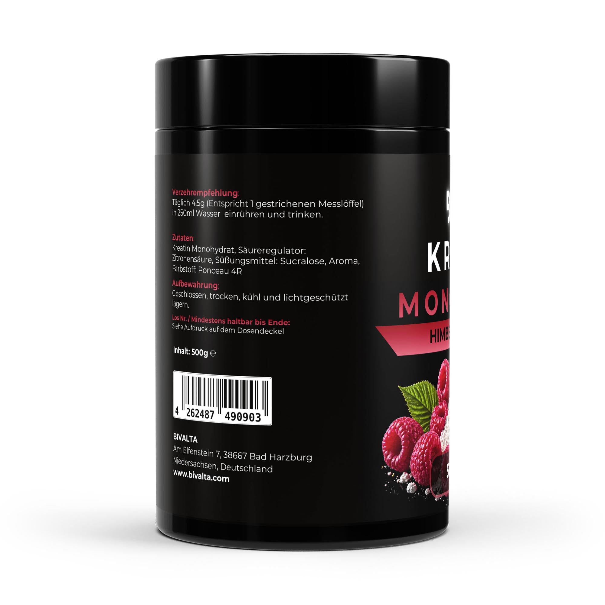 Bivalta Kreatin Monohydrat Pulver mit Himbeer-Geschmack in schwarzer Premium-Verpackung mit Himbeermotiv. Kreatin Pulver mit 3,5 g Kreatin pro Portion und 110 Portionen.
