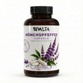 Bivalta Mönchspfeffer Kapseln in weiß-violettem Premium-Design mit Lavendel- und Pflanzenmotiv. Vegane Mönchspfeffer Kapseln mit natürlichem Vitexin.