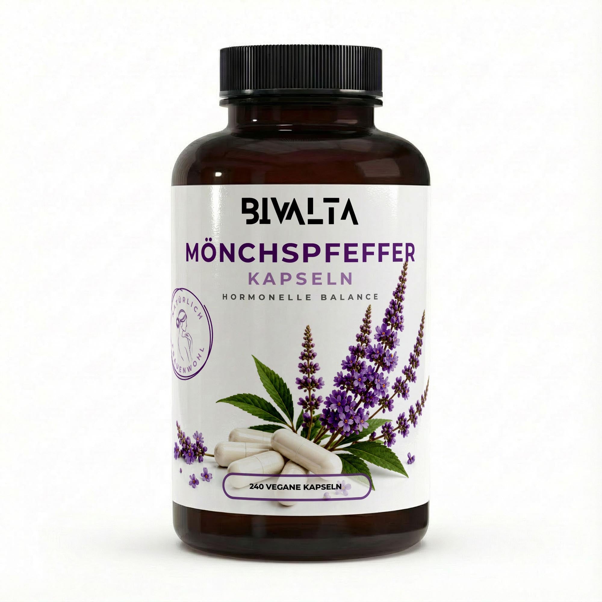 Bivalta Mönchspfeffer Kapseln in weiß-violettem Premium-Design mit Lavendel- und Pflanzenmotiv. Vegane Mönchspfeffer Kapseln mit natürlichem Vitexin.