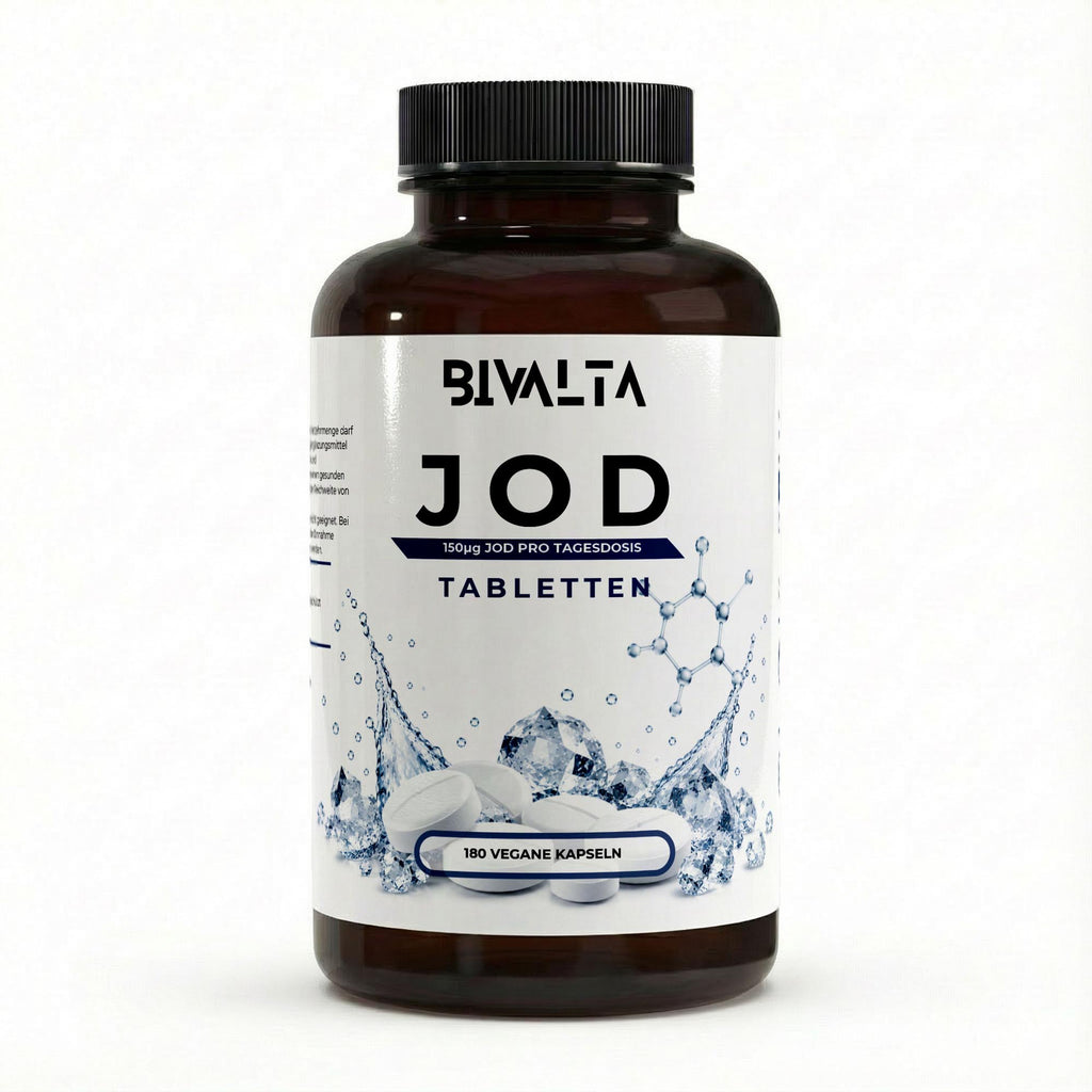 Bivalta Jod Tabletten in weiß-blauem Premium-Design mit Wasser- und Molekülmotiv. Vegane Jod Tabletten mit 150 µg Jod pro Tagesdosis.