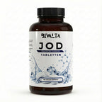 Bivalta Jod Tabletten in weiß-blauem Premium-Design mit Wasser- und Molekülmotiv. Vegane Jod Tabletten mit 150 µg Jod pro Tagesdosis.