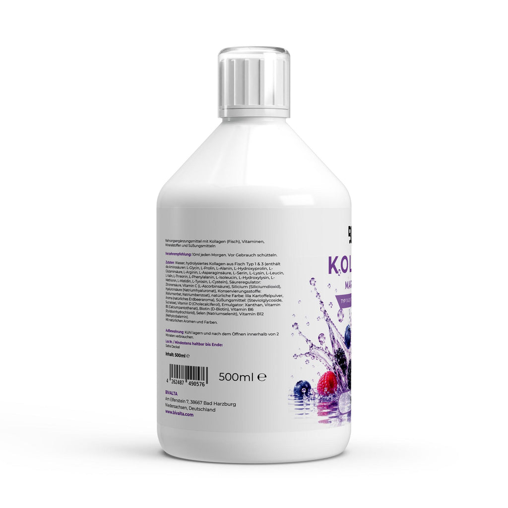 Bivalta Kollagen Marine Plus+ Shots in violettem Premium-Design mit Wildbeerenmotiv. Flüssige Marine-Kollagen Formel mit Fischkollagen Typ 1 und 3, Hyaluronsäure und Biotin.