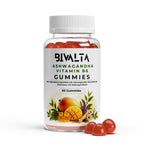 Bivalta Ashwagandha + Vitamin B6 Gummies in brauner Premium-Dose mit weißem Etikett, Mango- und Pflanzenmotiv. Vegane Gummies mit Ashwagandha-Wurzelextrakt und Vitamin B6 ohne Zucker.