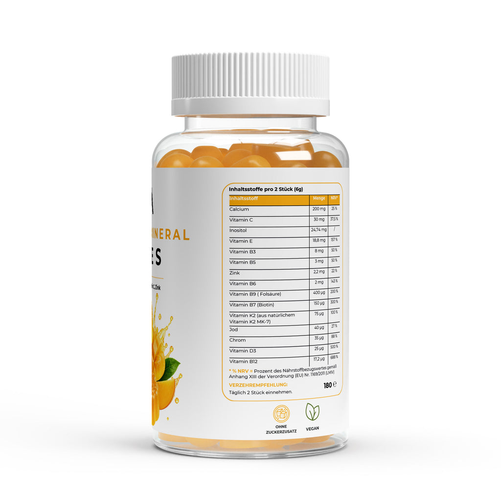 Bivalta Multivitamin + Mineral Gummies in brauner Premium-Dose mit weißem Etikett und Mango-Motiv. Vegane Multivitamin Gummies mit Vitaminen, Mineralstoffen und Mango-Geschmack ohne Zuckerzusatz.