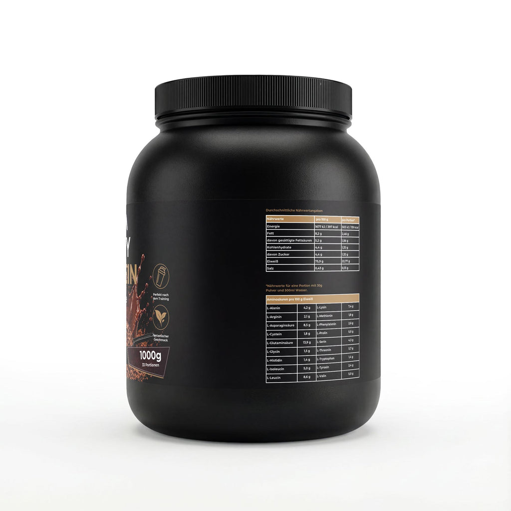 Bivalta Premium Whey Protein Pulver mit Schokoladengeschmack in schwarzer Premium-Verpackung mit Schokoladenmotiv. Proteinpulver mit 22,77 g Protein pro Portion und 33 Portionen.