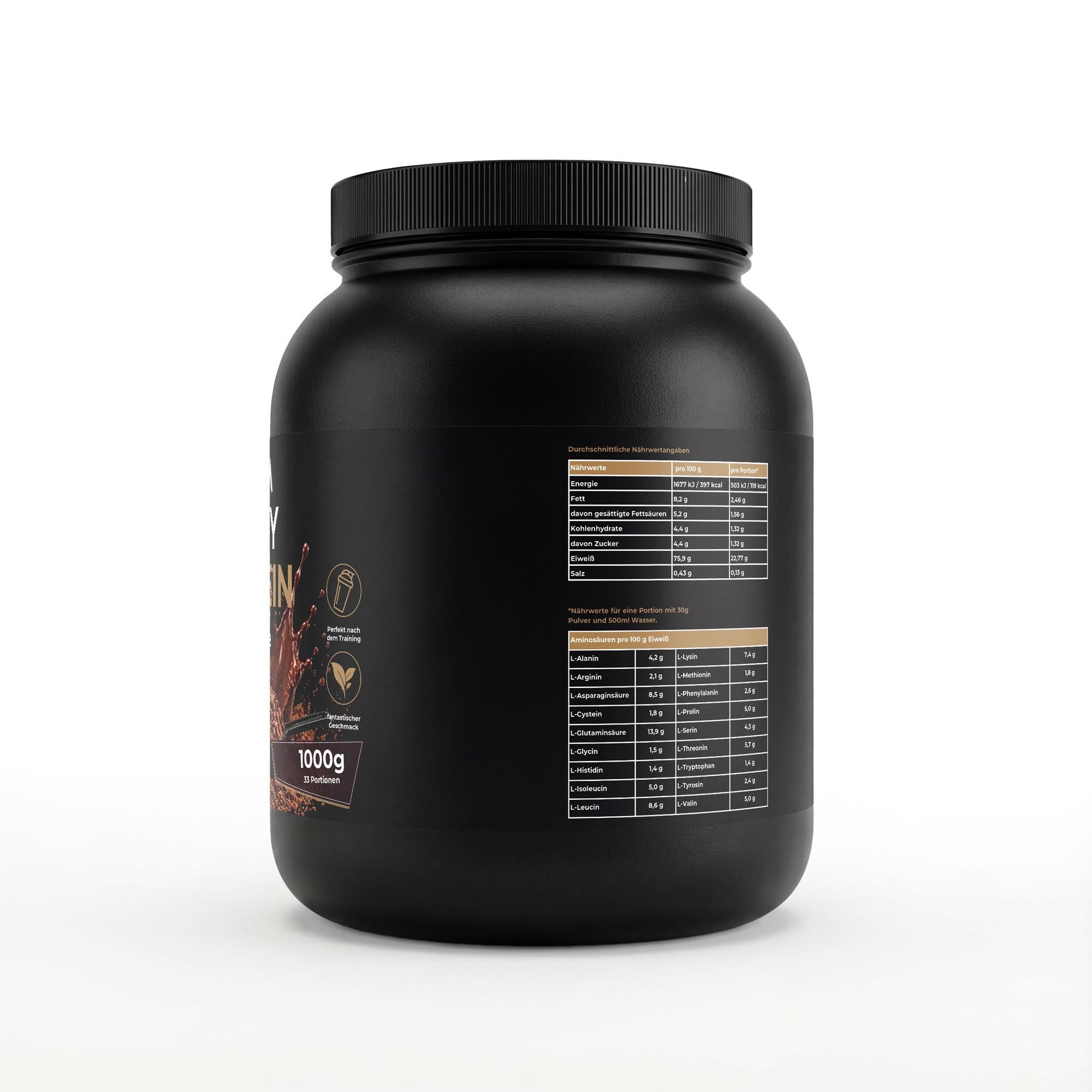 Bivalta Premium Whey Protein Pulver mit Schokoladengeschmack in schwarzer Premium-Verpackung mit Schokoladenmotiv. Proteinpulver mit 22,77 g Protein pro Portion und 33 Portionen.