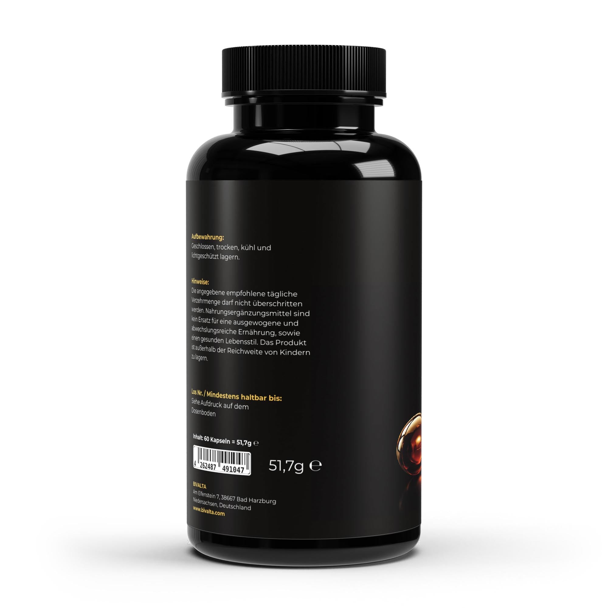Bivalta Coenzym Q10 200mg Softgel Kapseln in schwarzem Premium-Design mit goldener Q10-Grafik. Hochdosierte Softgel Kapseln mit Coenzym Q10 (Ubichinon).