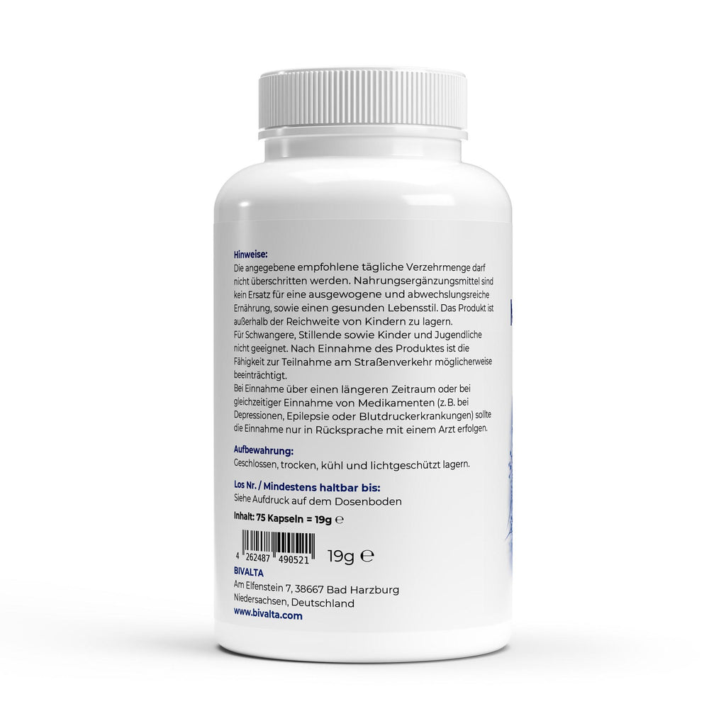 Bivalta Melatonin Kapseln in modernem blau-weißem Premium-Design mit Nachtmotiv. Vegane Melatonin Kapseln mit 1 mg Melatonin pro Kapsel.