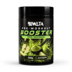Bivalta Pre-Workout Booster Pulver mit Apfelgeschmack in schwarzer Premium-Verpackung mit Apfelmotiv. Trainingsbooster mit Kreatin, Beta-Alanin und Koffein, 80 Portionen.