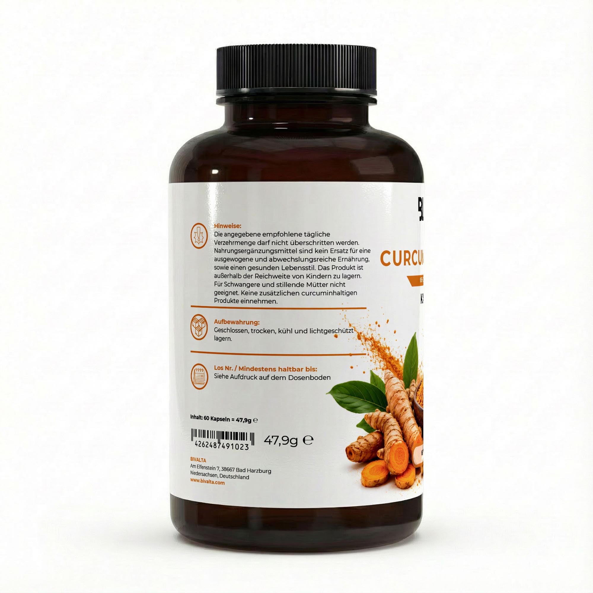 Bivalta Curcumin + Piperin Kapseln in weiß-goldenem Premium-Design mit Kurkuma- und Pfeffermotiv. Vegane Curcuma Kapseln mit 95 % Curcumin und Piperin.