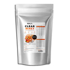 Bivalta Clear Whey Protein Pulver mit Eistee-Pfirsich Geschmack in weißem Standbeutel mit Pfirsichmotiv. Proteinpulver mit Molkenproteinisolat und 24,7 g Protein pro Portion.