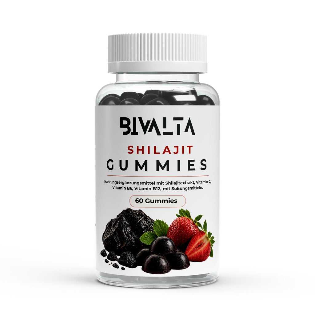 Bivalta Shilajit Gummies in modernem Premium-Design mit Erdbeer- und Shilajit-Motiv. Vegane Gummies mit Shilajit-Extrakt, Vitamin C, Vitamin B6 und Vitamin B12 ohne Zucker.