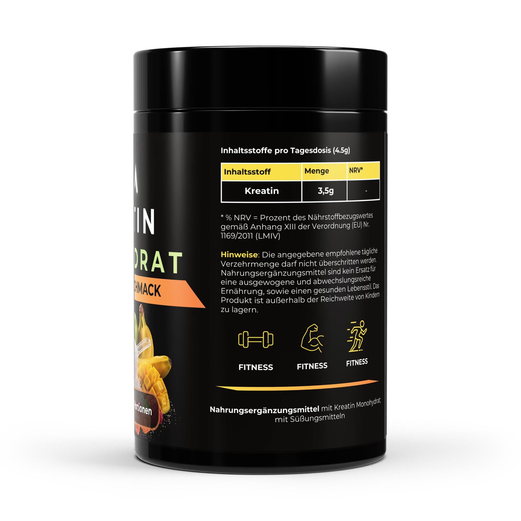 Bivalta Kreatin Monohydrat Pulver mit Tutti Frutti Geschmack in schwarzer Premium-Verpackung mit Fruchtmotiv. Kreatin Pulver mit 3,5 g Kreatin pro Portion und 110 Portionen.