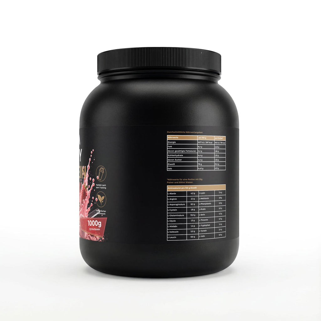Bivalta Premium Whey Protein Pulver mit Erdbeergeschmack in schwarzer Premium-Verpackung mit Erdbeermotiv. Proteinpulver mit 23,4 g Protein pro Portion und 33 Portionen.